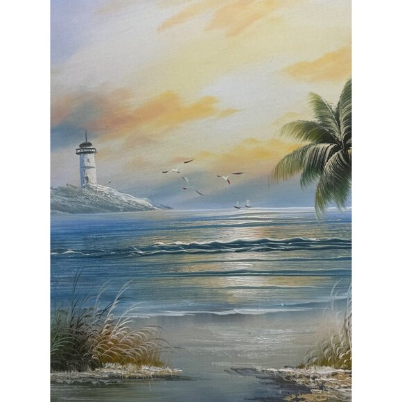 Framed Coastal ocean Landscape Painting With Lighthouse Palm Trees 31x27" READ - Picture 8 of 14